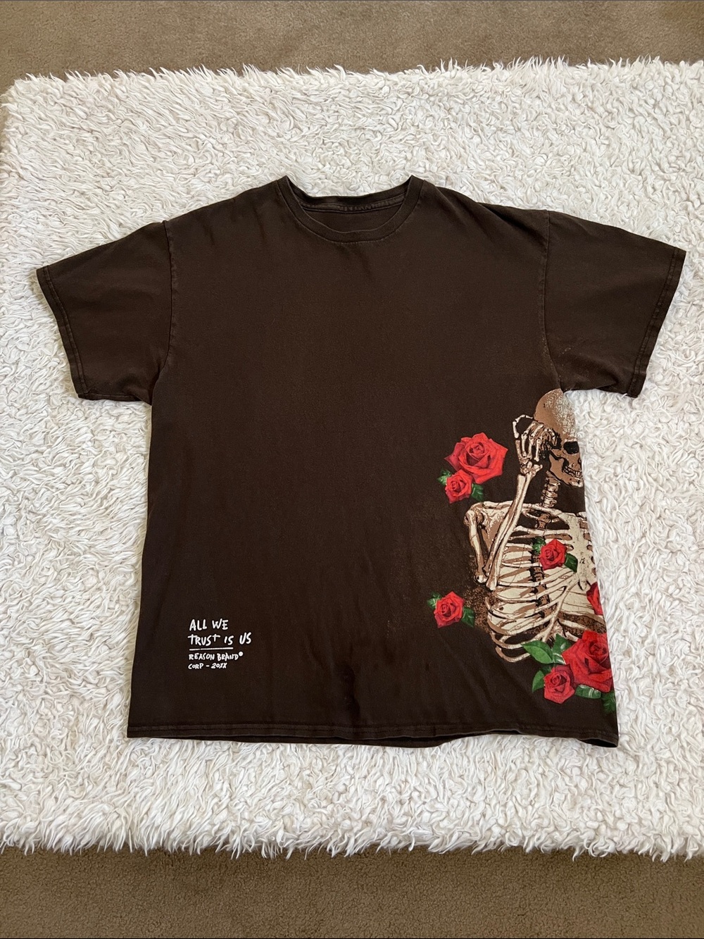 Reason Brand Graphic T-Shirt Skeleton Roses Unisex Size Medium